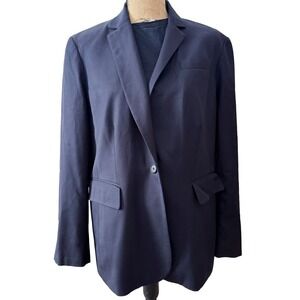 Lands End Womens Navy Blue Wool Blend Blazer Size 18 Single Button Suit Jacket